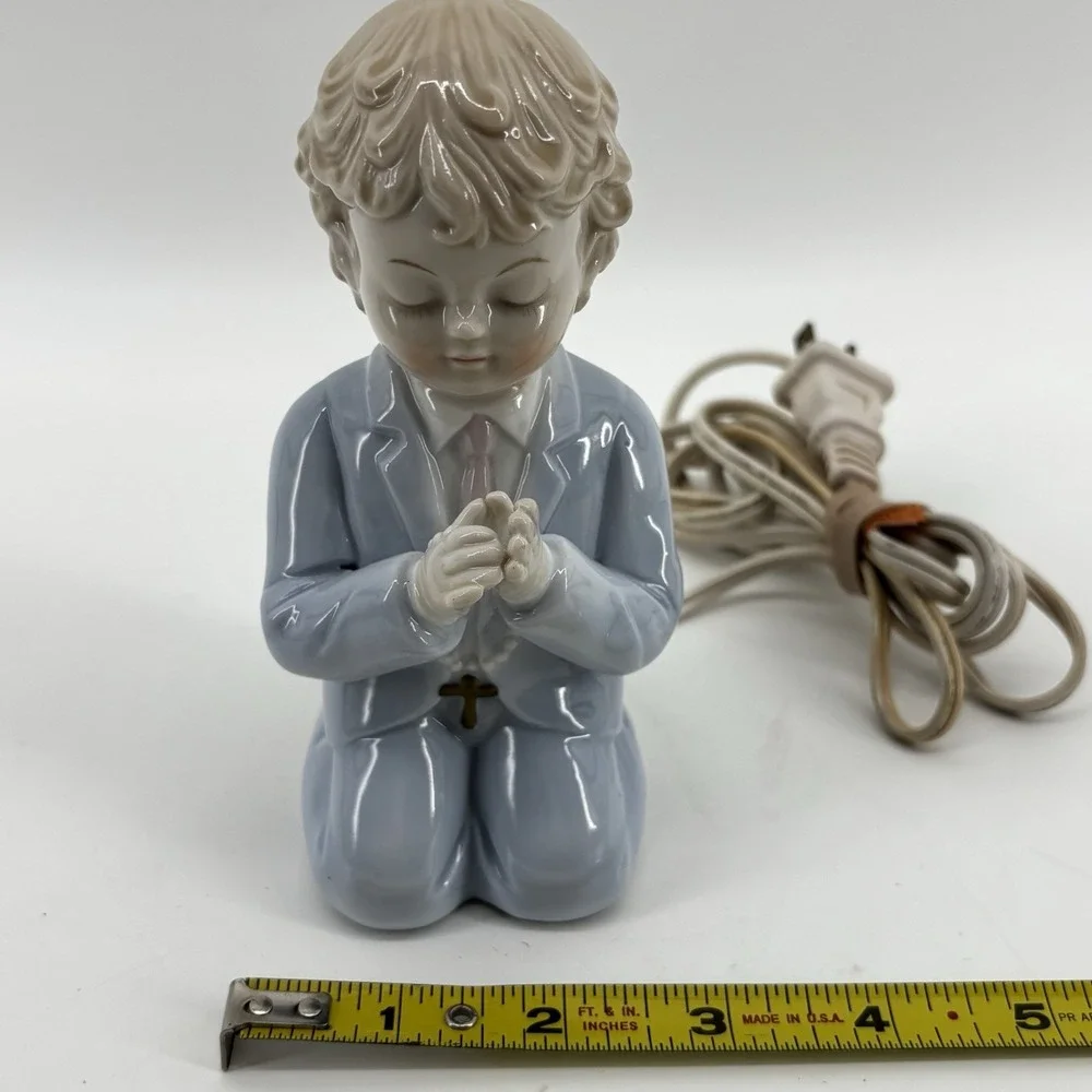 Vintage Nursery Night Light Bisque Porcelain Lamp Boy Praying Rosary